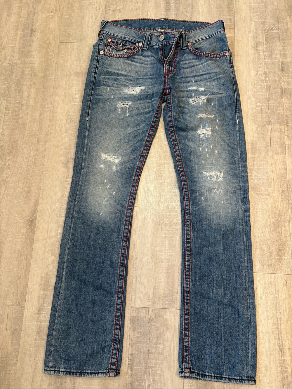 True Religion Men's Distressed Blue Denim Jeans - Classic Straight Fit